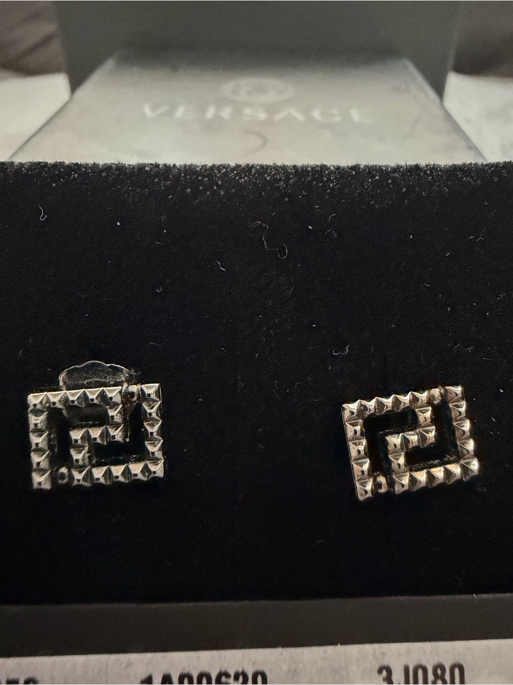 Versace Black Silver Textured Greek Key Stud Earrings